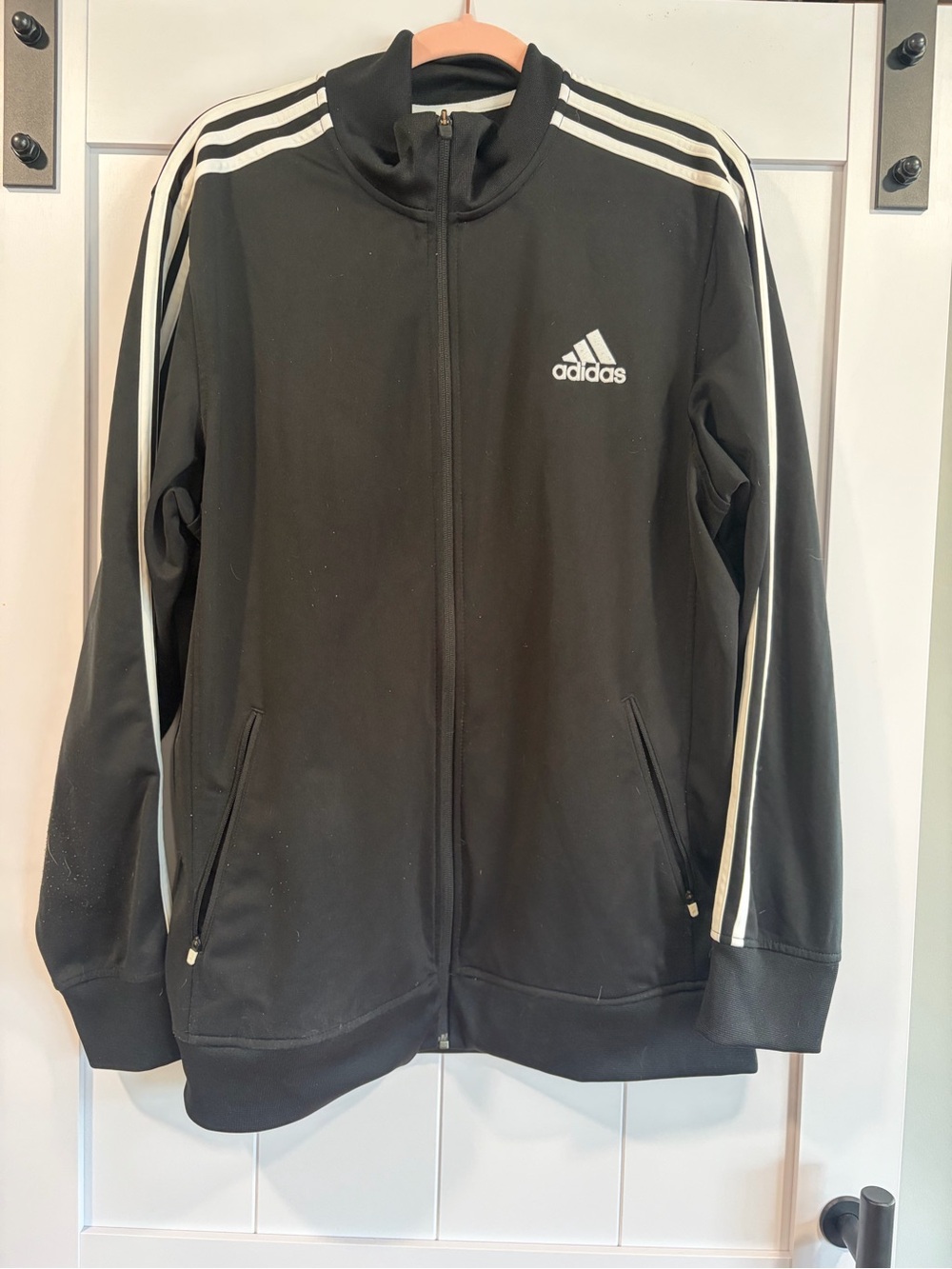 adidas Black Zip-Up Track Jacket with White Stripes XL